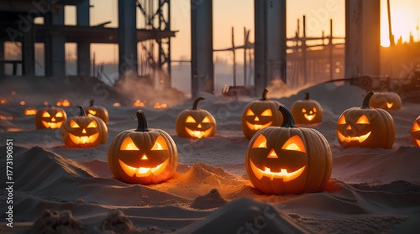 Fototapeta Halloween Jack-O’-Lanterns Glowing in a Gritty Construction Zone