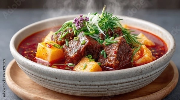 Fototapeta Top Down Food Photo of Traditional Chinese Beef Stew with Potatoes Garnished with Herbs and Sliced Scallions in a Rustic Bowl on a Wooden Board with Steam Rising