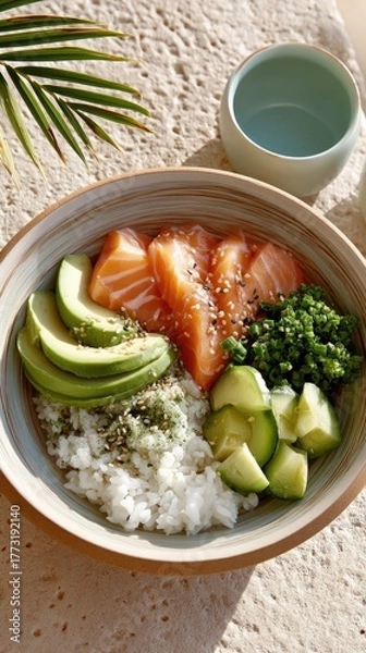 Fototapeta Top Down Photo of Colorful Salmon Poke Bowl With Rice Avocado Cucumber And Green Topping Served In A Bowl With Sesame Seeds And Hemp Seeds On A Textured Sandy Background With Palm Leaf Shadow
