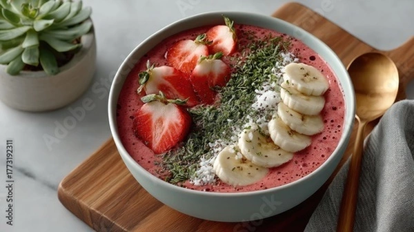 Fototapeta Top Down View Of A Vibrant Pink Smoothie Bowl Garnished With Sliced Strawberries Banana Coins And Sprinkled Seeds On A Wooden Board With A Gold Spoon And A Succulent Plant In The Background
