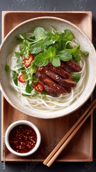 Fototapeta Top Down View of Asian Noodle Soup with Sliced Grilled Meat Fresh Greens and Red Chili Peppers in a Speckled Bowl on a Wooden Platter with Chopsticks and a Small Bowl of Sauce