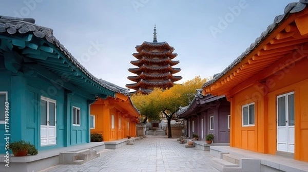 Fototapeta Traditional Korean Village with Colorful Houses and a Pagoda Temple in the Background Under a Clear Sky