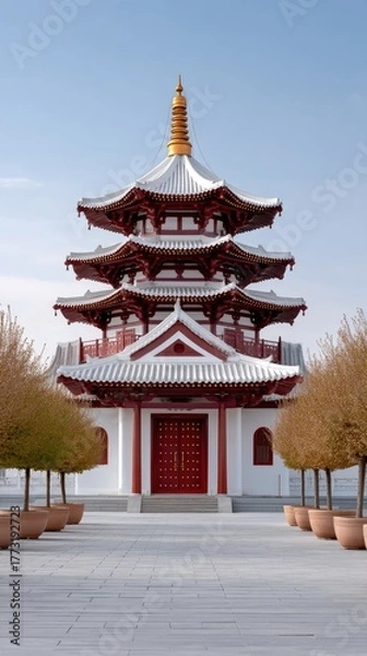 Fototapeta Traditional Multi Tiered Pagoda Temple With Red Doors and Golden Spire Set Against a Clear Blue Sky Surrounded by Potted Trees in Autumn