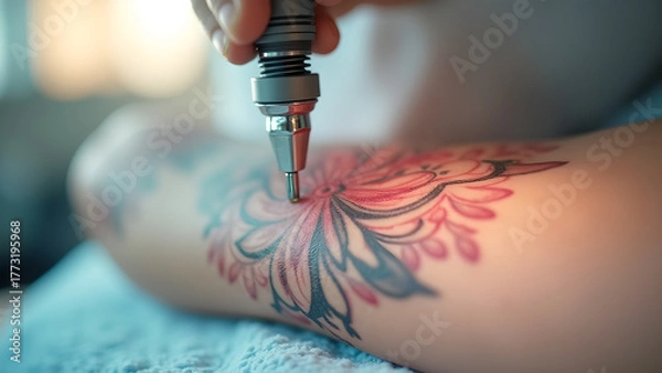 Fototapeta Close-up of a tattoo artist creating a vibrant floral design on a person's arm symbolizing
