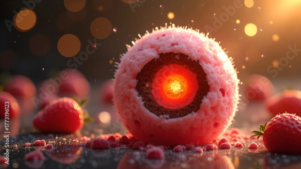 Obraz Conceptual strawberry sphere with a radiant core amidst scattered berries and bokeh light adding