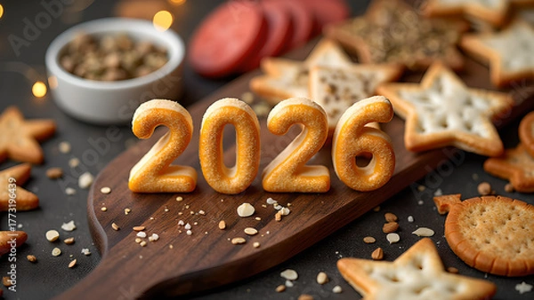 Fototapeta Creative food arrangement forming '2026' on wooden board with festive snacks anticipating the