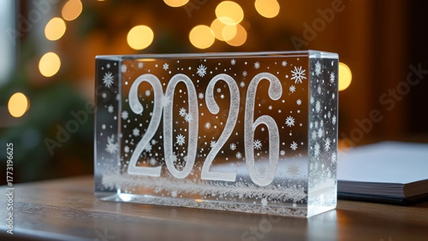 Fototapeta Crystal anticipation: A decorative object marking the year 2026 with delicate snowflakes and