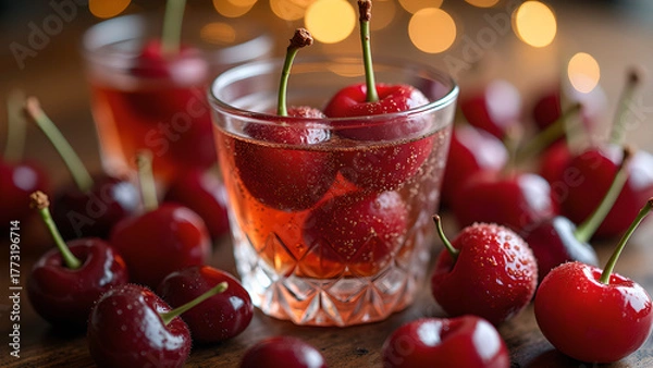 Fototapeta Delectable cherry delight sparkling in crystal glasses, surrounded by fresh ripe red cherries and