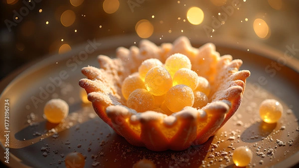 Fototapeta Delicate sugared dessert cup brimming with golden spheres under sparkling ethereal light creates