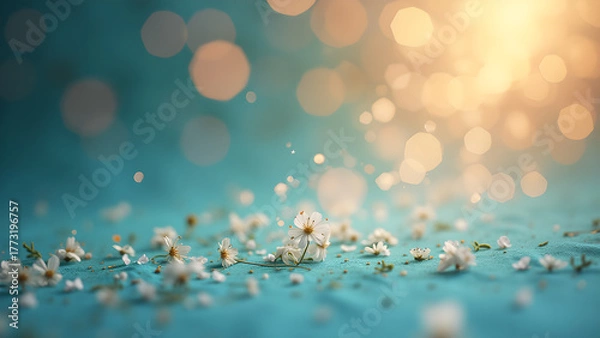 Fototapeta Delicate white blossoms on turquoise backdrop with shimmering bokeh creating ethereal and dreamy