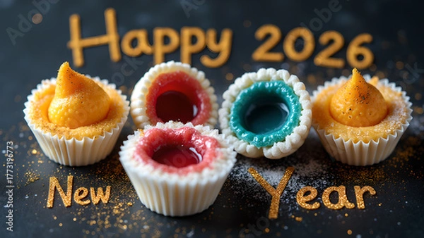 Fototapeta Delicious colorful cupcakes and cookies on a dark background for Happy New Year 2026 celebration