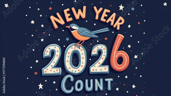 Obraz Delightful new year 2026 whimsical design featuring a charming bird amidst starry celebrations and