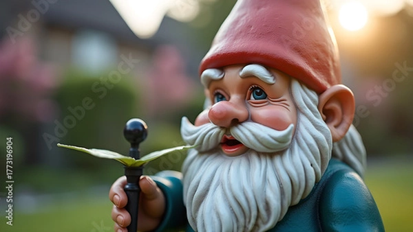 Fototapeta Detailed garden gnome figure with a classic red hat holding a stick in a tranquil garden setting