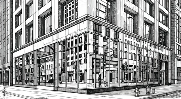 Fototapeta Urban building architecture corner perspective line art vector.