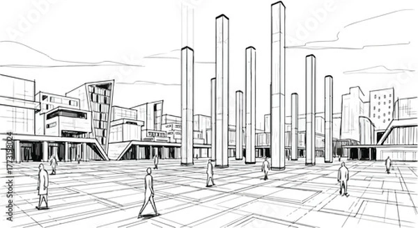 Fototapeta Public square with buildings minimalist cityscape vector illustration.