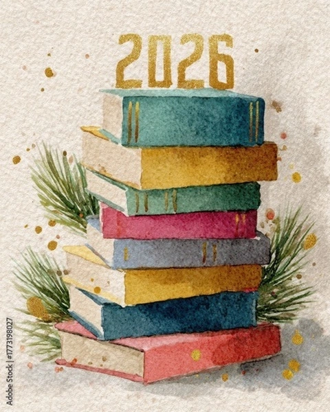 Fototapeta stacked colorful books with pine branches, golden number 2026 above, light background with subtle sparkles, hand-painted watercolor illustration. library promotions, educational New Year, book fair.