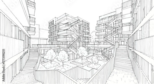 Obraz Urban residential modern building architecture line art vector.