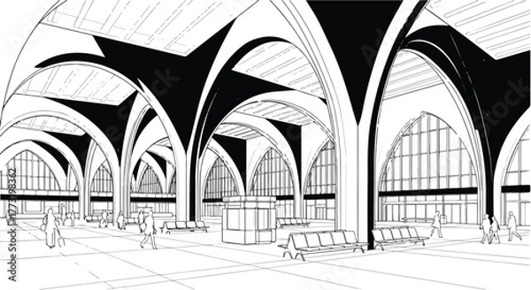 Obraz Architectural hall interior arches perspective vector line art illustration.