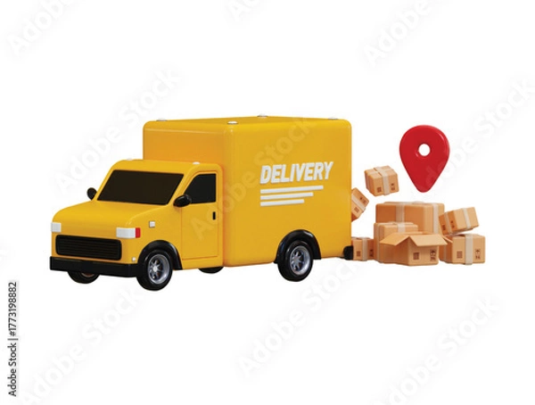 Obraz Delivery van loaded with cardboard boxes and location icon 3d render concept of fast delivery car deliver express on shipping and transportation icon vector illustration