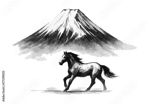 Obraz 馬と富士山のシルエット年賀状素材