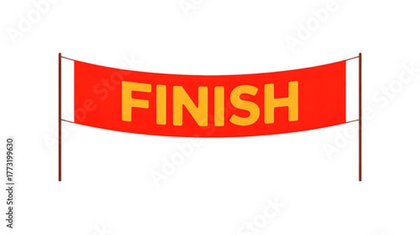 Obraz A red finish line banner with yellow text hanging between two brown wooden poles on black background