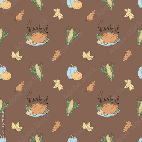 Fototapeta Thanksgiving seamless pattern with turkey, pumpkins and corn