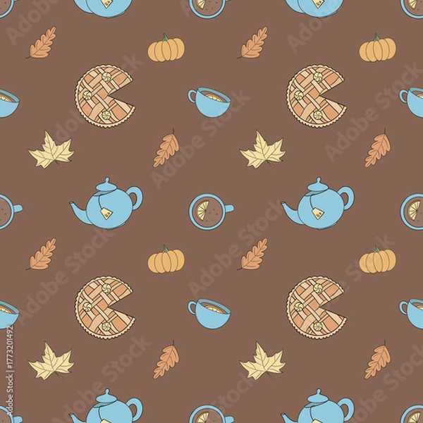 Fototapeta Seamless pattern with pie, tea cup, tea pot and pumpkins