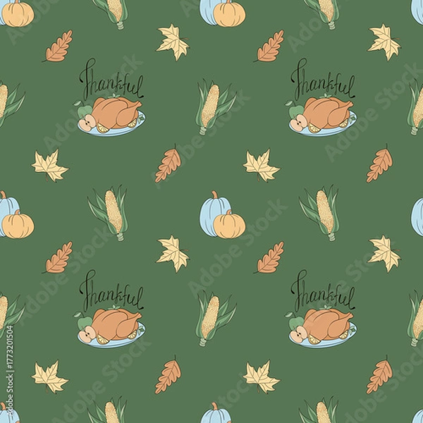Fototapeta Thanksgiving seamless pattern with turkey, pumpkins and corn