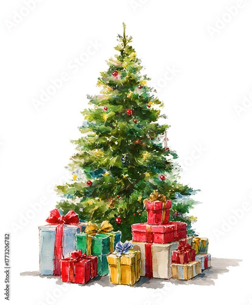 Fototapeta The image shows a beautifully decorated Christmas tree adorned with golden ribbons and ornaments. Around the base of the tree, there are several neatly wrapped gift boxes in gold and white, each tied 