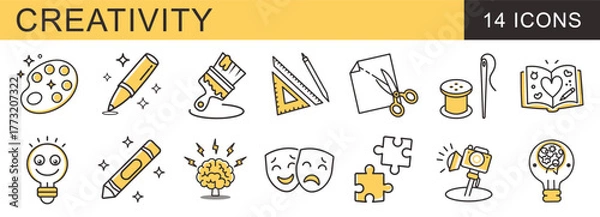 Fototapeta A versatile set of 14 linear icons representing creativity, art, imagination, and innovation. Includes symbols for painting, writing, drafting, crafting, theater, and problem-solving with a splash of 