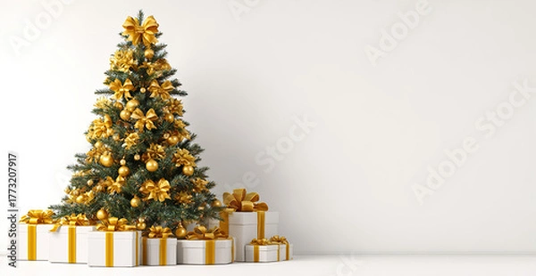 Fototapeta The image shows a beautifully decorated Christmas tree adorned with golden ribbons and ornaments. Around the base of the tree, there are several neatly wrapped gift boxes in gold and white, each tied 