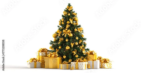Fototapeta The image shows a beautifully decorated Christmas tree adorned with golden ribbons and ornaments. Around the base of the tree, there are several neatly wrapped gift boxes in gold and white, each tied 