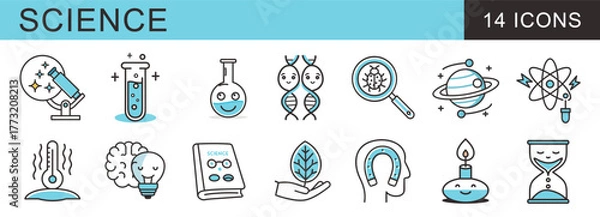 Fototapeta Set of 14 line icons for Science, Research, and education. Symbols include telescopes, test tubes, DNA, magnifying glasses, physics, and new ideas with a clean, modern design and blue accents.