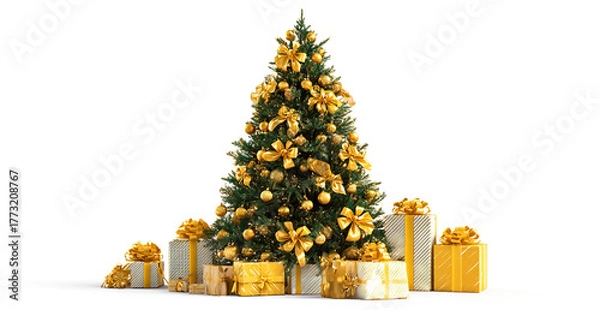 Fototapeta The image shows a beautifully decorated Christmas tree adorned with golden ribbons and ornaments. Around the base of the tree, there are several neatly wrapped gift boxes in gold and white, each tied 