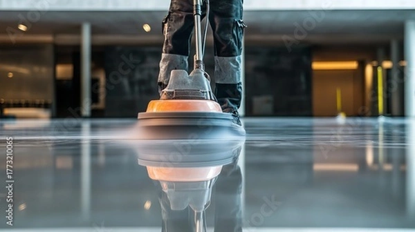 Fototapeta Professional cleaner polishes gleaming modern floor creating pristine reflection, showcasing meticulous attention to detail for commercial spaces.