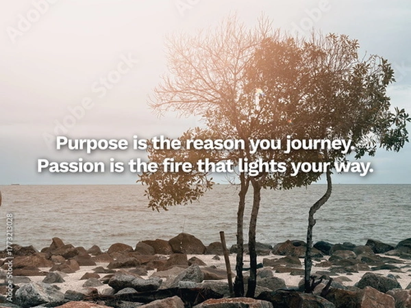 Fototapeta Inspirational life quote on blurry background. Purpose is the reason you journey. Passion is the fire that lights your way.