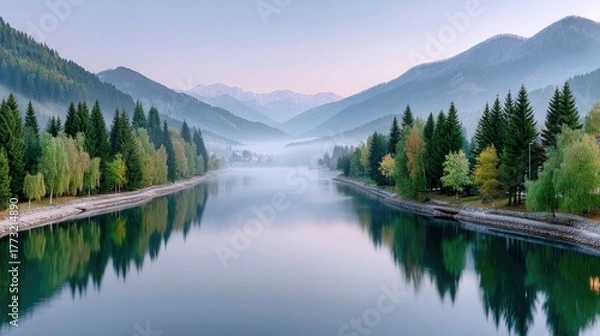 Fototapeta Serene Mountain Lake Reflecting Majestic Hills and Lush Green Forests Under a Hazy Morning Sky with Distant Snowcapped Peaks
