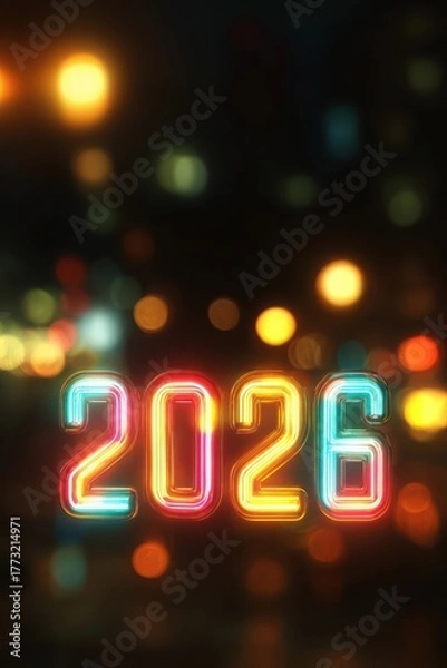 Fototapeta 2026 formed by glowing yellow pink blue neon tubes, futuristic dark background, colorful bokeh lights, copy space for New Year party theme, event promotions, nightclub poster, festive digital banner
