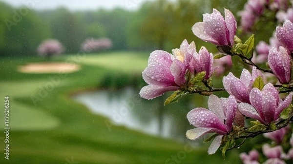 Obraz Pink springtime blossoms covered in fresh raindrops overlook a lush green landscape feature