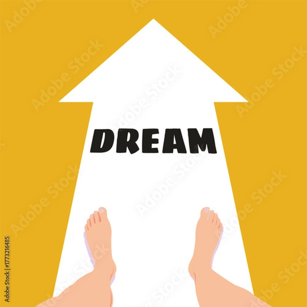 Fototapeta Feet standing at the starting point of a white arrow with the word DREAM pointing forward