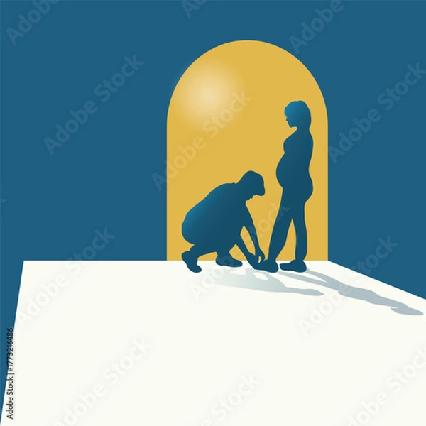 Fototapeta Vector illustration showing silhouette of a man kneeling to tie the shoes of a pregnant woman, symbolizing love, care, and family support