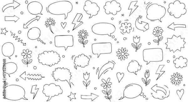 Obraz Doodle art seamless pattern with speech bubbles flowers and arrows