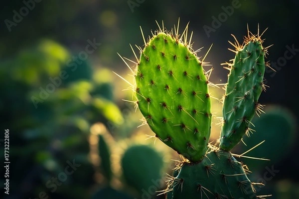Fototapeta Backlit Prickly Pear Cactus in Golden Light