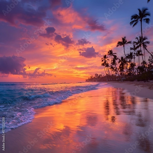 Fototapeta Dramatic Tropical Beach Sunset with Palm Trees and Colorful Sky