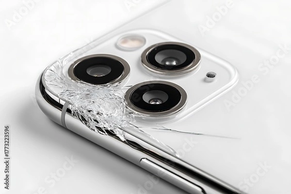 Fototapeta Close-up of a Broken Smartphone Camera with Cracked Glass
