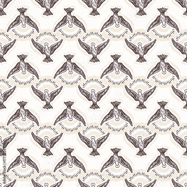 Fototapeta Christian holy dove hand drawn seamless vector pattern. Religious home decor background for sunday school bible study motif. Reflection candle symbol all over print. 