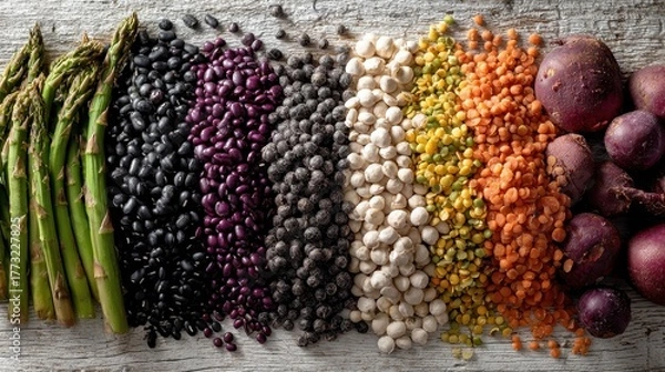 Fototapeta Hyperrealistic flat lay of diverse vegan ingredients fresh vegetables fruits grains and legumes arranged artfully on a light wooden background for World Vegan Day showcasing a holistic plant based die