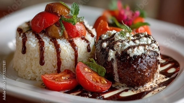 Obraz An elegant restaurant table set with a beautifully plated gourmet vegan dish like a mushroom risotto or stuffed bell pepper for World Vegan Day appealing to fine dining experiences and plant forward c