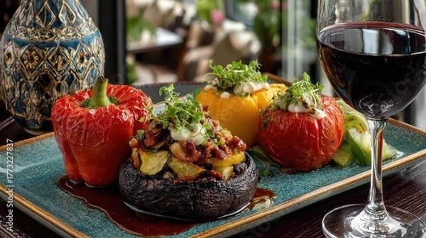 Obraz An elegant restaurant table set with a beautifully plated gourmet vegan dish like a mushroom risotto or stuffed bell pepper for World Vegan Day appealing to fine dining experiences and plant forward c