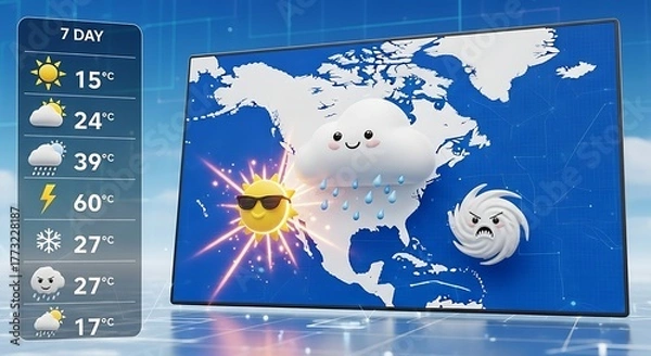 Obraz Cute Weather Map of North America with Forecast Icons and Temperatures.